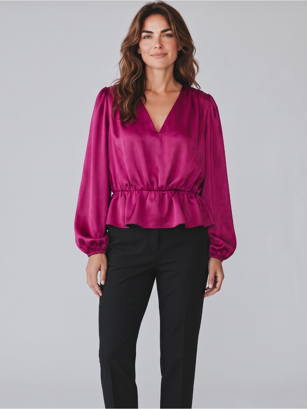 Express Satin V-Neck Peplum Blouse in Magenta